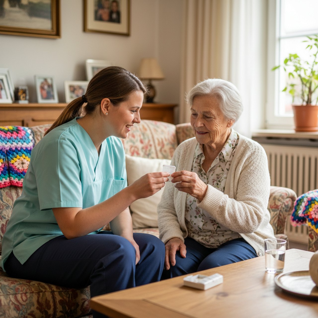 Pflegekraft richtet bei einer älteren Frau im Wohnzimmer Medikamente