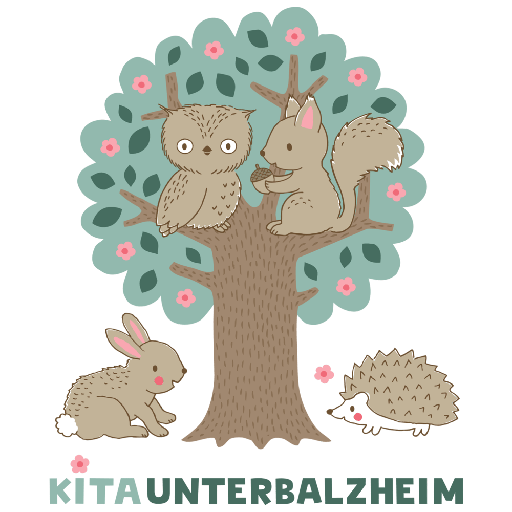 Eule und Eichhörnchen im Baum, Hase und Igel am Boden, mit Text "KITA UNTERBALZHEIM".