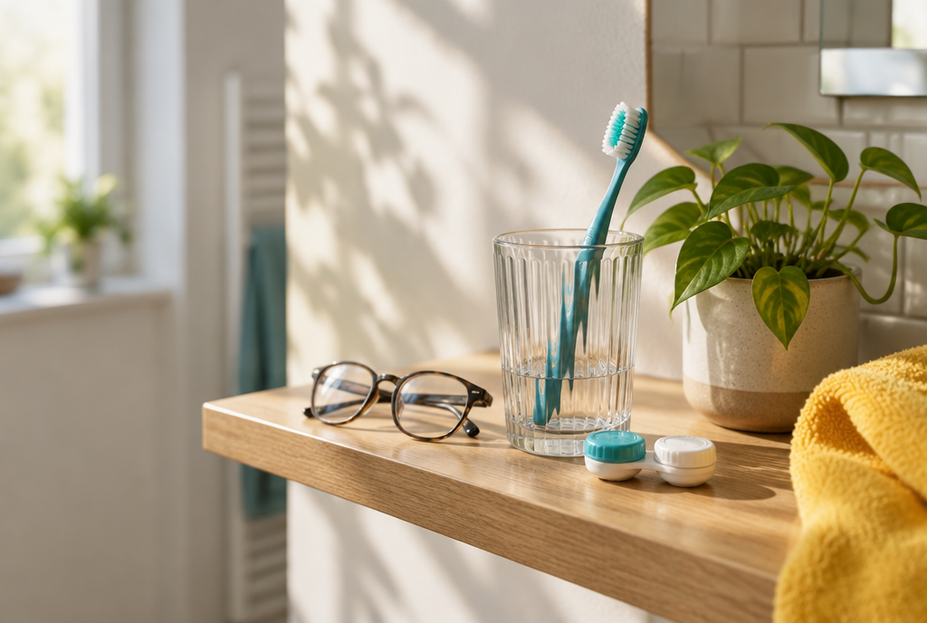 Badezimmerregal mit Zahnbürste, Brille und Kontaktlinsendose im Morgenlicht