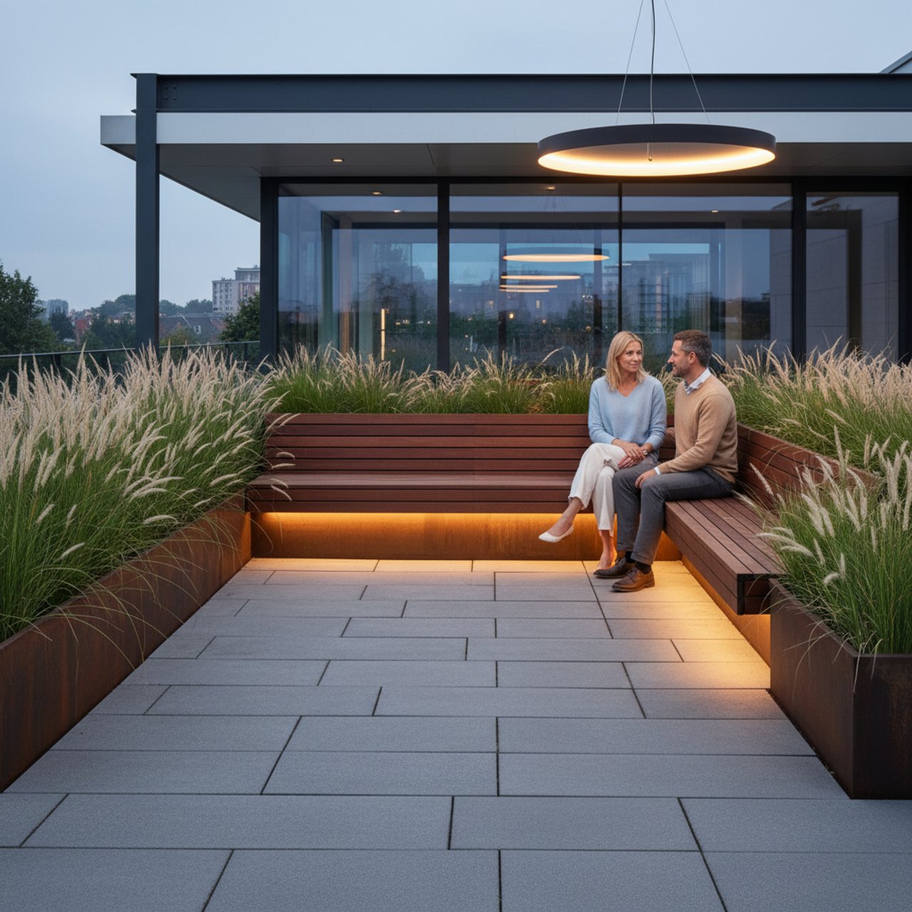 Terrasse mit Hochbeeten und Sitzbank aus Stein