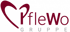 Kundenlogo: PfleWo Gruppe Logo: Rotes Herz und "PfleWo" in Dunkelrot, "GRUPPE" in Grau.