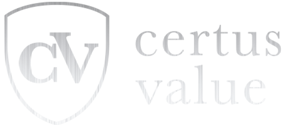 Logo: Certus Value. Silberne Buchstaben "cV" in einem Schild und "certus value" daneben.