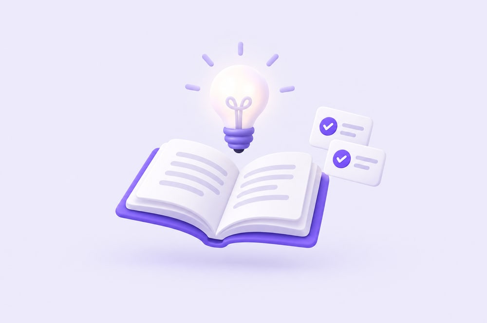 Illustration: offenes Buch mit Glühbirne und Checklisten-Karten