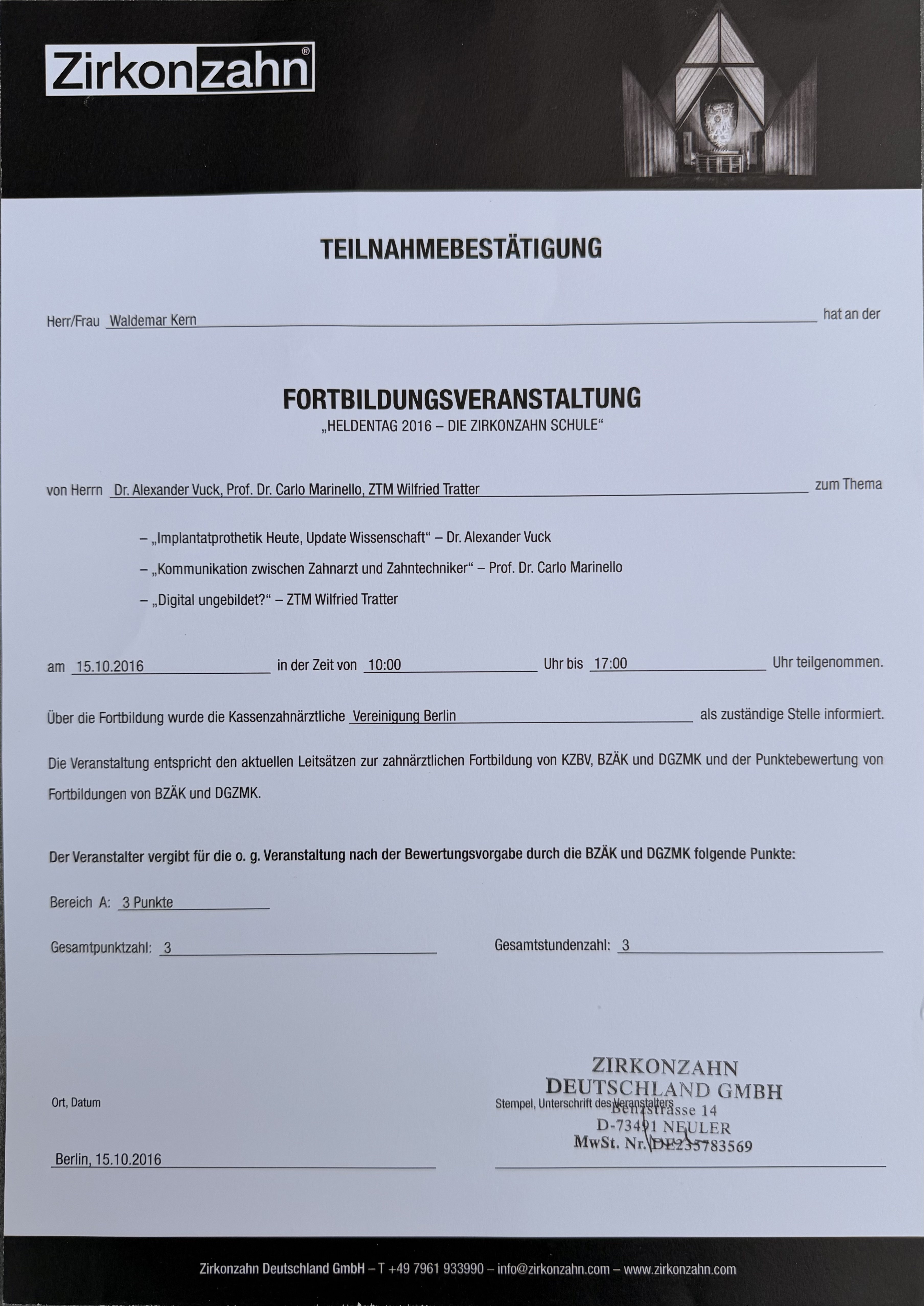 Fortbildungszertifikat 1 von ADU-Dental