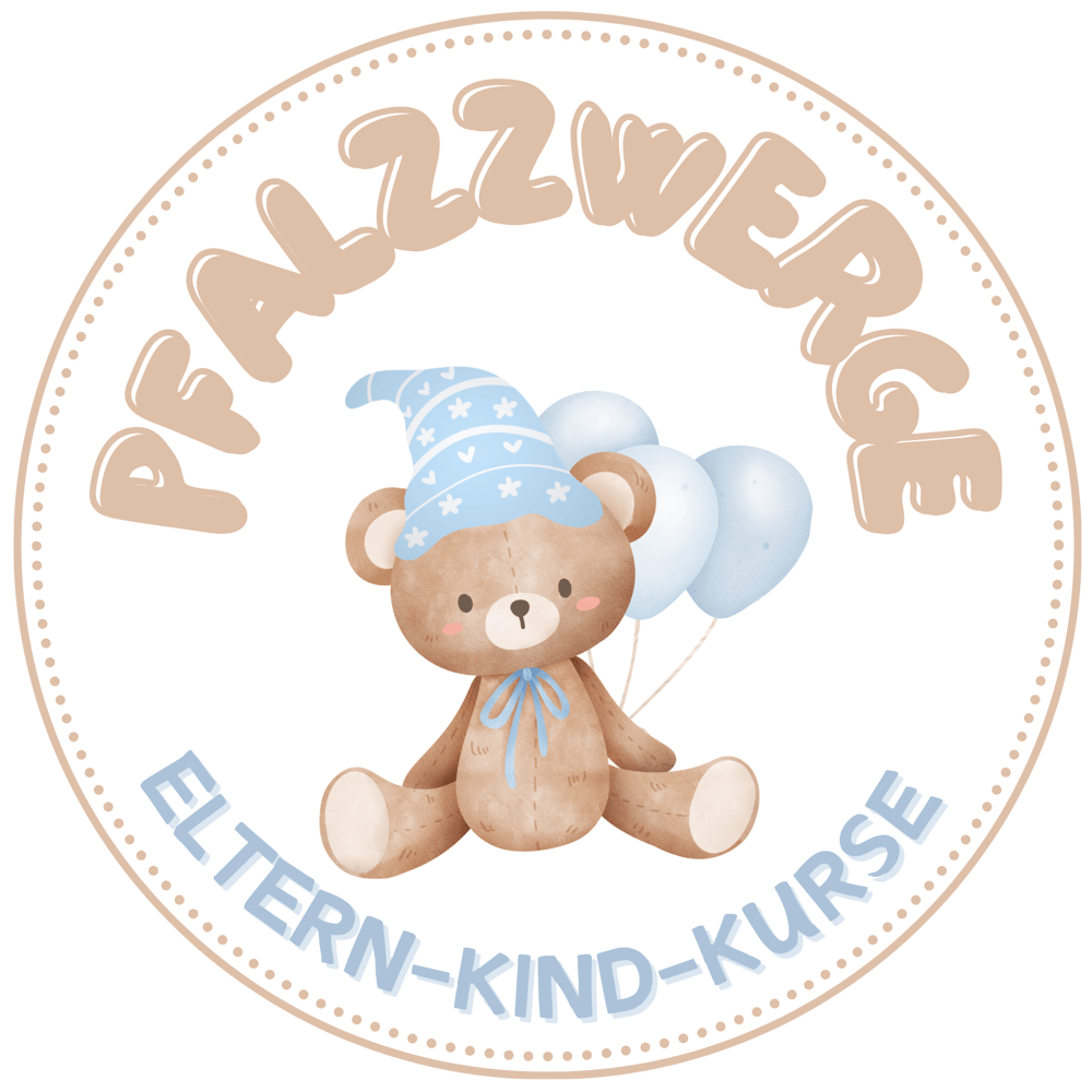 „Pfalzzwerge Eltern-Kind-Kurse“ Logo mit Teddybär und Ballons in einem gepunkteten Kreis.