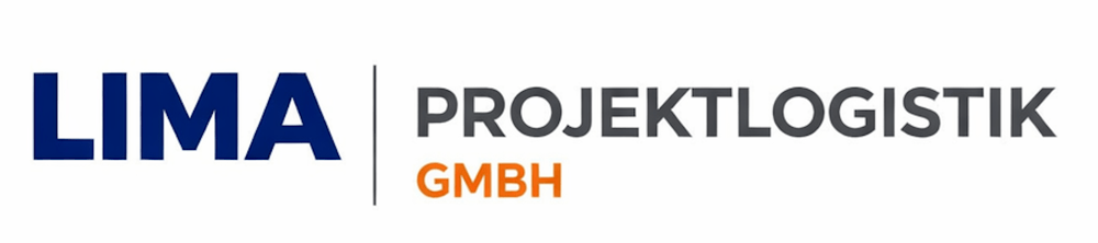 LIMA PROJEKTLOGISTIK GMBH Logo mit blauem LIMA, vertikaler Linie, grauem PROJEKTLOGISTIK und orangefarbenem GMBH.