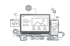 Laptop und Smartphone mit Webdesign-Elementen, Programmier-Icons, Notizblock und Kaffeetasse auf schwarzem Hintergrund.
