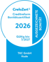 CrefoZert-Siegel 2026 der TKC GmbH: Creditreform-Bonitätszertifikat, gültig bis 7/2027