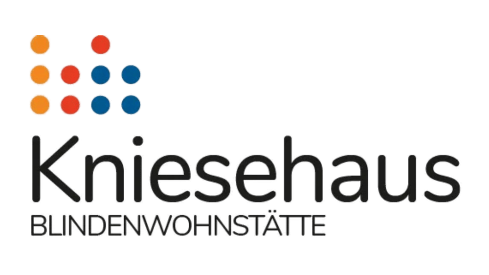 Knieehaus Blindenwohnstätte Logo: Neun Punkte, orange und blau, über schwarzem Text.