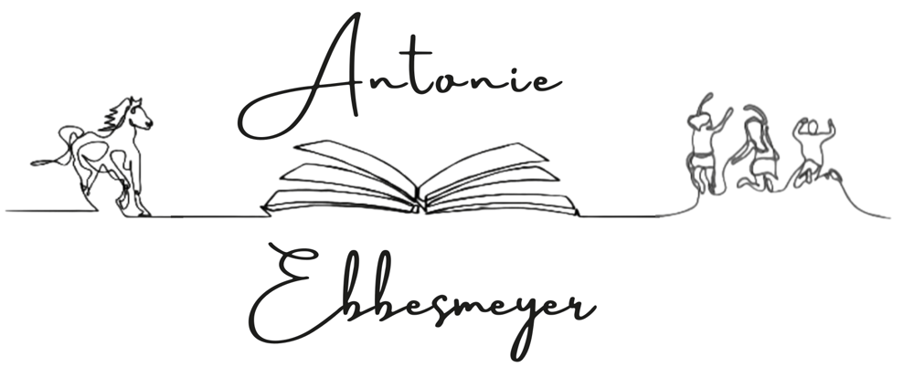 Antonie Ebbesmeyer in schwarzer Schrift mit Pferd, offenem Buch und drei spielenden Kindern in einer Linie.