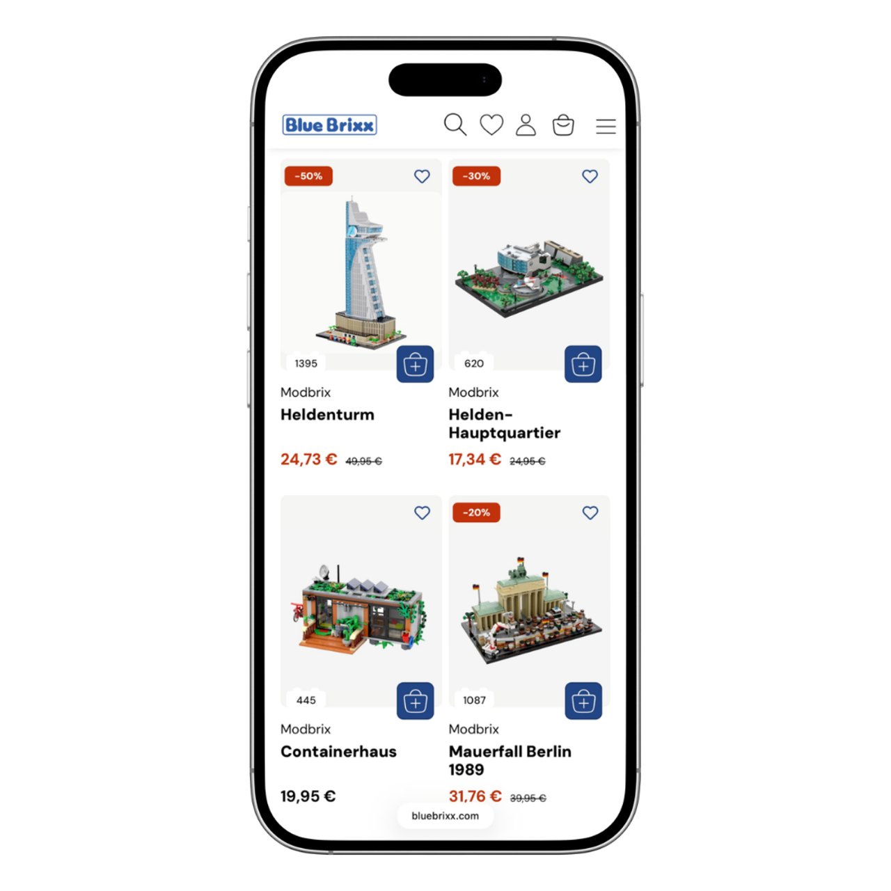 Smartphone zeigt BlueBrixx Online-Shop mit Bausätzen wie Heldenturm, Helden-Hauptquartier, Containerhaus, Mauerfall Berlin.