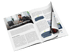 Geöffnetes Magazin mit Artikel über Dominik Walter, Leiter KI beim Institut, und umblätternder Seite auf schwarzem Grund.