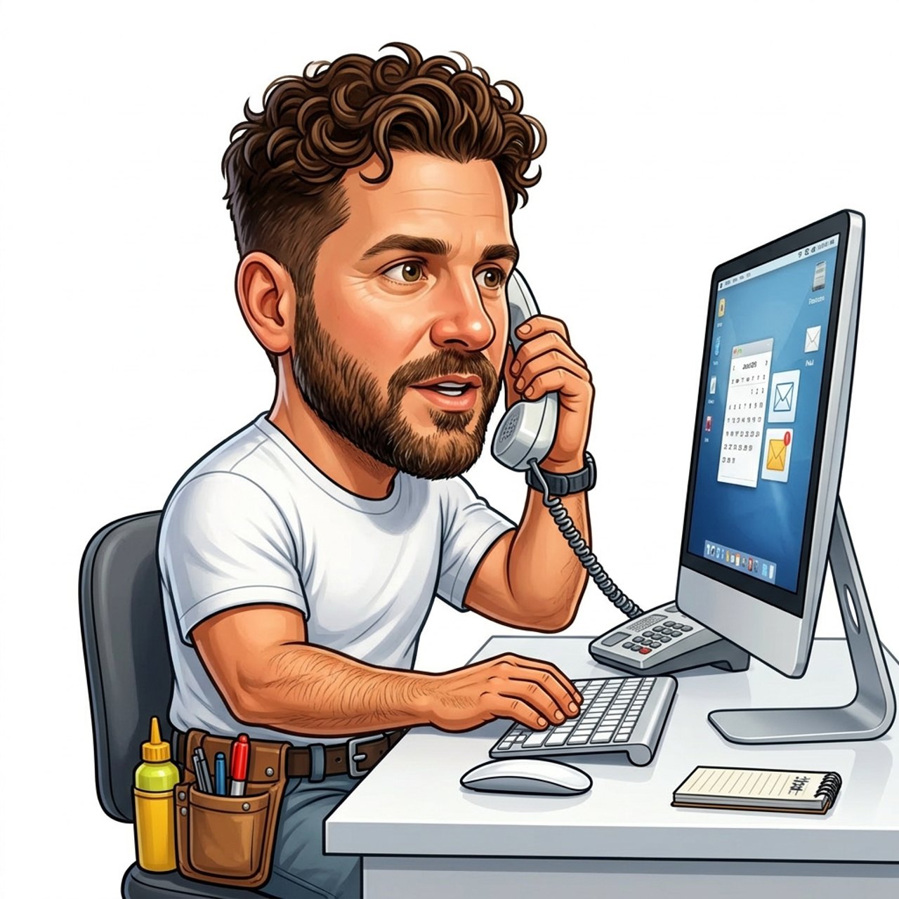 Mann mit lockigem Haar und Bart telefoniert, tippt auf der Tastatur vor einem Computermonitor.