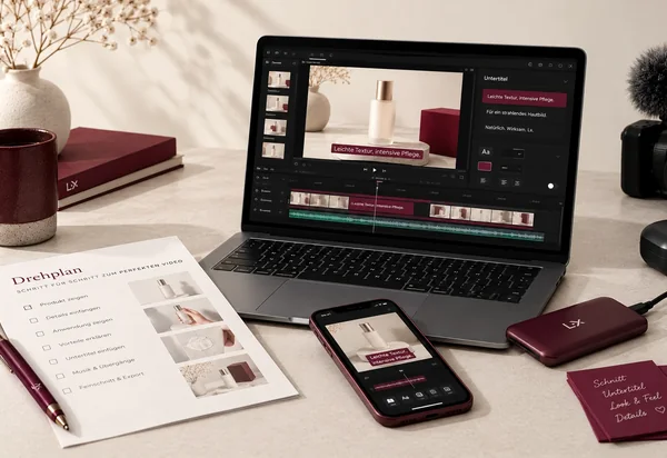 Arbeitsplatz mit Laptop im Videoschnitt, Smartphone mit Untertitel-Vorschau und Drehplan auf dem Tisch