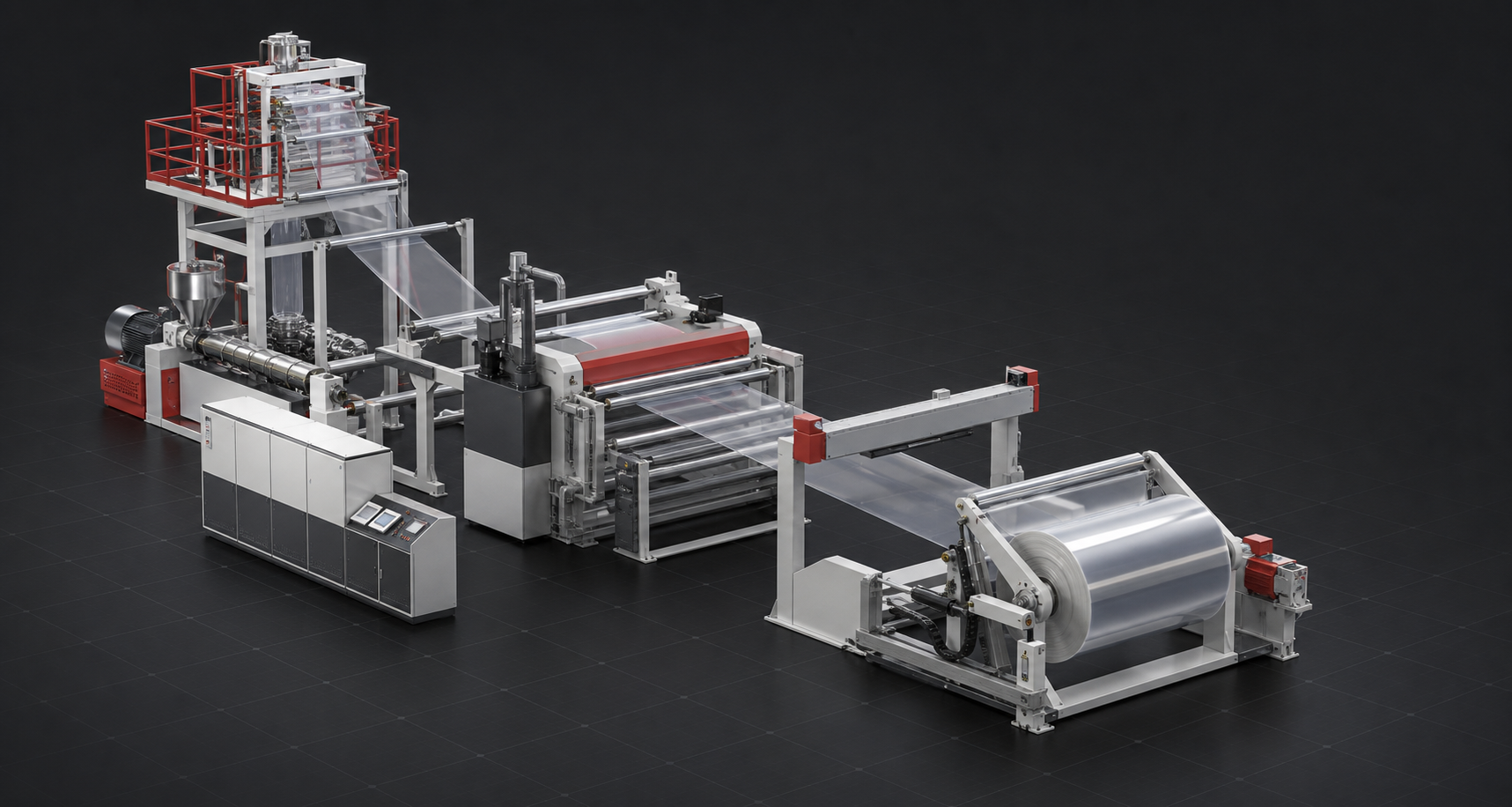Three-dimensional visualization of a film extrusion and coating production line