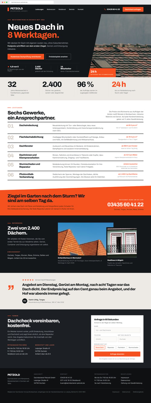Beispielentwurf für die Website einer Dachdeckerei