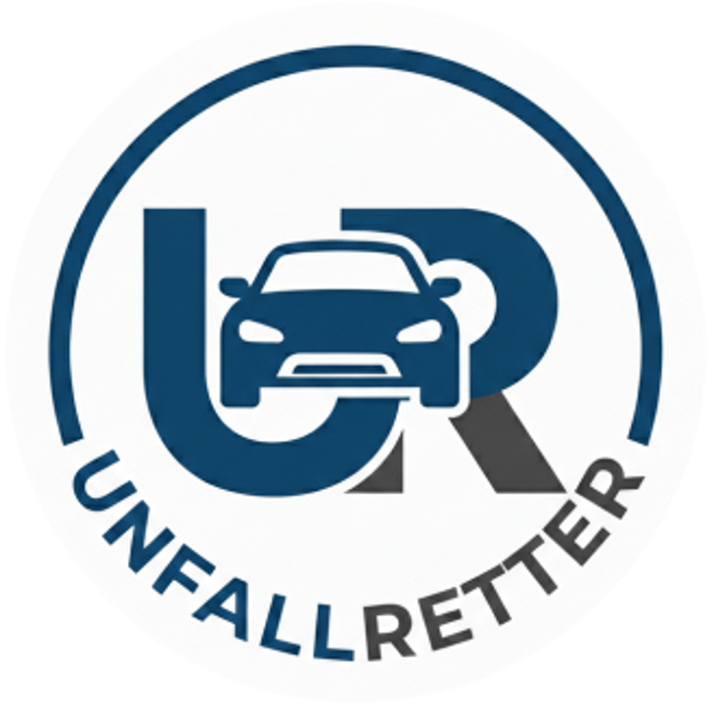 Blaues "UR Unfallretter" Logo mit stilisiertem Auto in der Mitte.