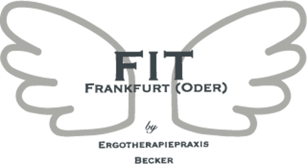 Graue Flügel umrahmen den Text "FIT FRANKFURT (ODER) Ergotherapiepraxis BROCKER" auf grünem Hintergrund.