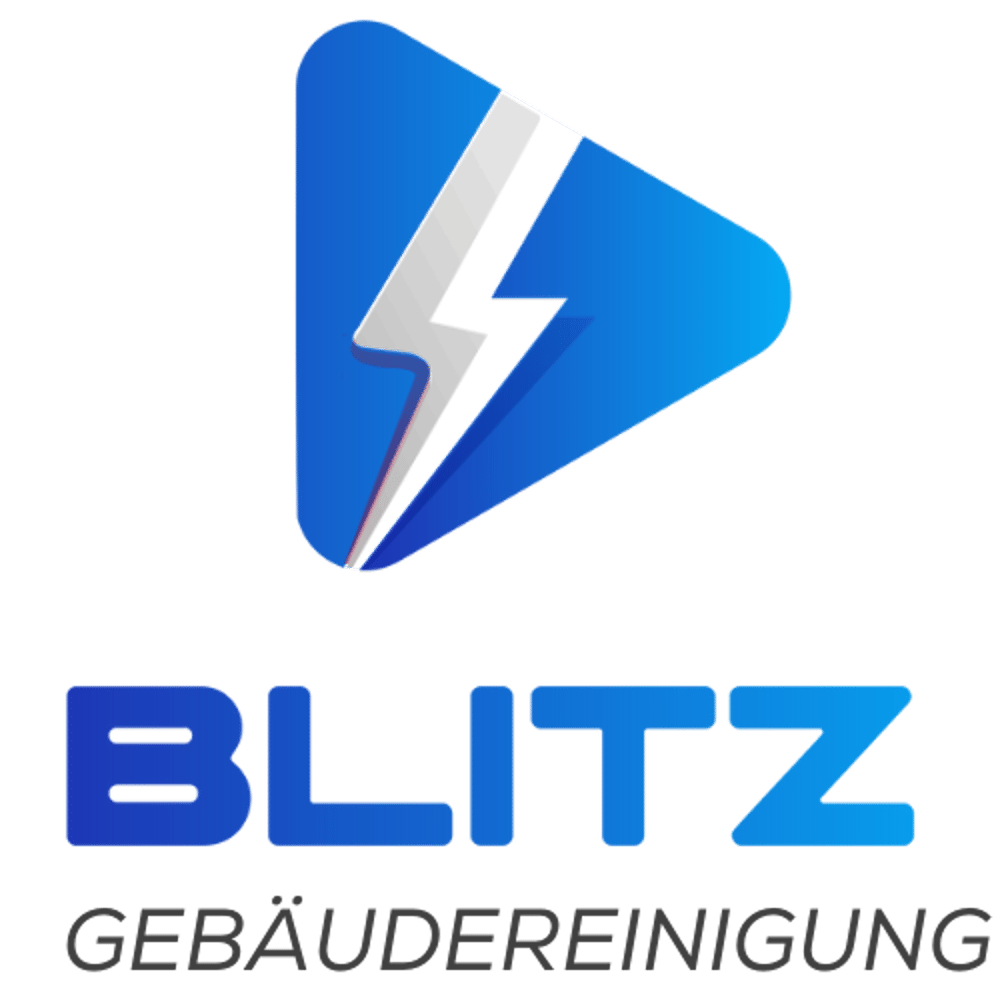 Blaues Dreieck mit weißem Blitz, darunter "BLITZ" in Blau und "GEBÄUDEREINIGUNG" in Grün.