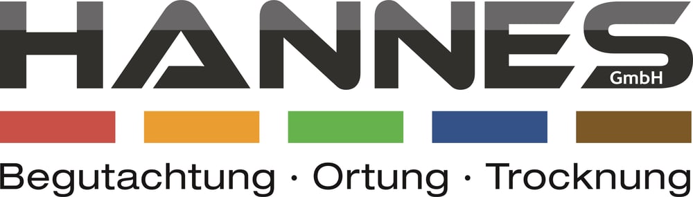 Logo "HANNES GmbH" mit fünf farbigen Balken und den Texten "Begutachtung · Ortung · Trocknung".