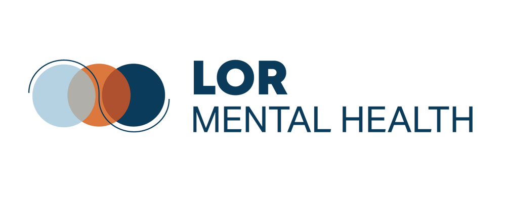 Logo von LOR Mental Health mit drei überlappenden Kreisen in Hellblau, Orange und Dunkelblau auf schwarzem Hintergrund.