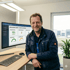Mann in Arbeitskleidung lächelt neben einem Monitor mit "MEIER HEIZUNG CONNECT - Projekt Dashboard".