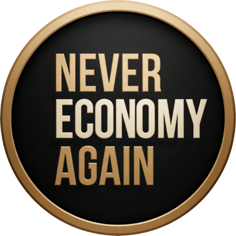 Logo "NEVER ECONOMY AGAIN" 