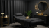 Luxuriöser Massageraum mit schwarzem Massagetisch, goldenem Waschbecken, Spiegel und schwarzem Vorhang.