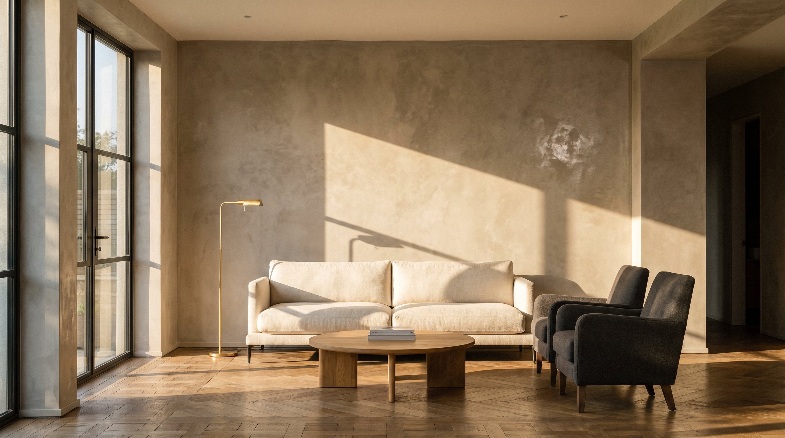 Elegantes Wohnzimmer mit Stucco Veneziano Wand im Abendlicht in Koeln