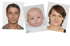 Drei biometrische Passbilder: ein Mann mittleren Alters, ein Baby und eine junge Frau. E-Passbild