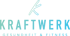 Logo "KRAFTWERK GESUNDHEIT & FITNESS" in Türkis und Blau mit stilisiertem K-Symbol oben.
