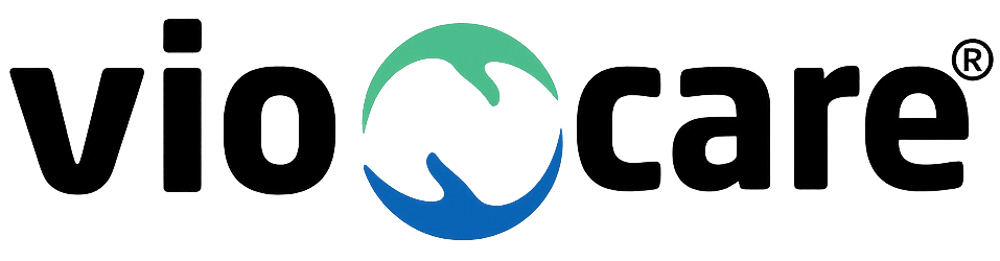 VioCare-Logo mit zwei farbigen, geschwungenen Formen, die einen Kreis bilden.