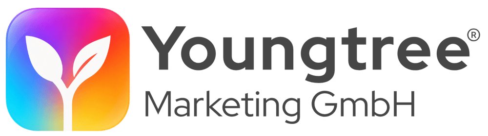 Logo der Youngtree Marketing GmbH mit weißem Pflanzenkeimling auf buntem Farbverlauf und grauem Schriftzug auf Schwarz.