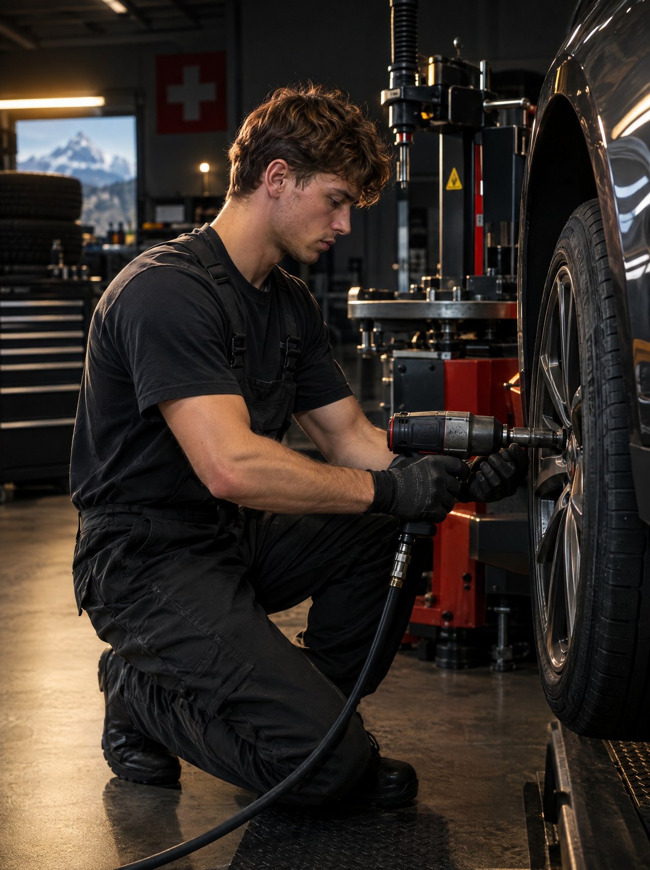 Automobil-Fachmann montiert ein Rad in einer Schweizer Garage