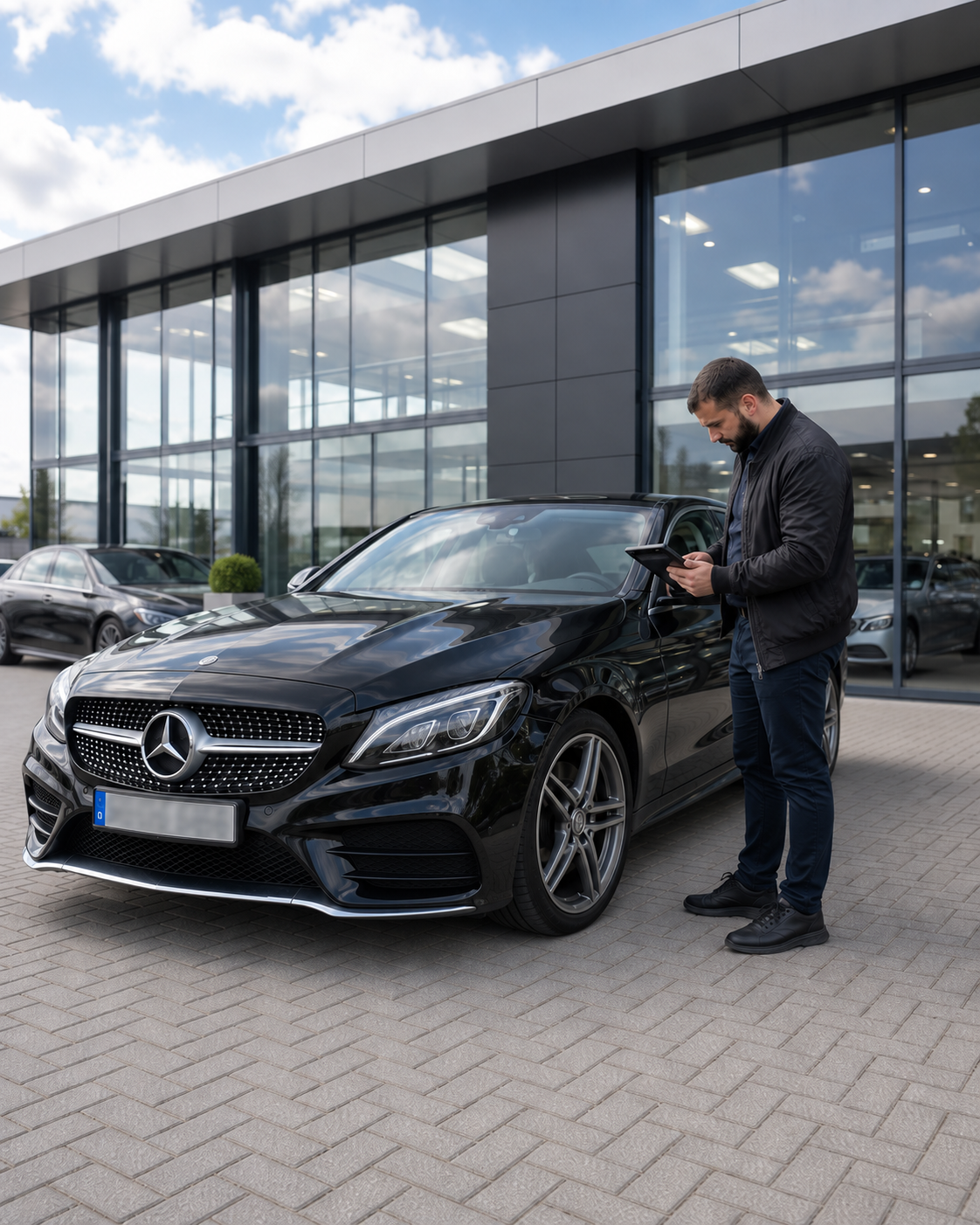 Jonathan Dag schaut auf sein Tablet neben einem unbeschädigten Mercedes