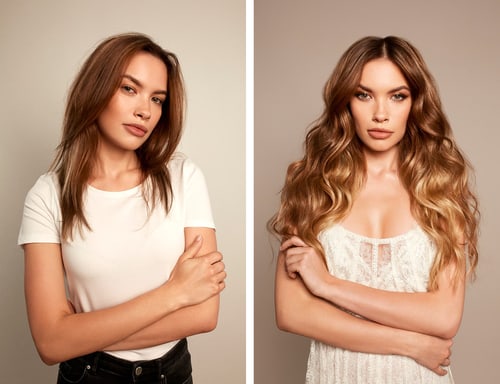 Zwei Porträts einer Frau: links mit schulterlangem braunem Haar, rechts mit langen, welligen blonden Extensions.