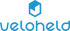 Logo mit stilisiertem blauen Würfel über dem Wort "veloheld".