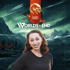 A smiling woman with dark curly hair in a black shirt over a fantasy landscape with "WORLDS WITHOUT END" text.