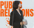 Woman in black blazer holding a reusable coffee cup, with "PUBLIC RELATIONS" in orange text.