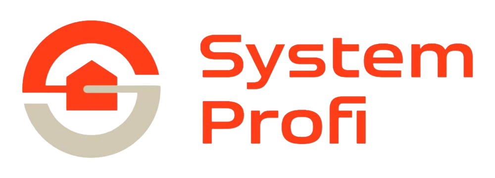 Logo mit einem Haus in einem Kreis und dem Text "System Profi" in Rot.