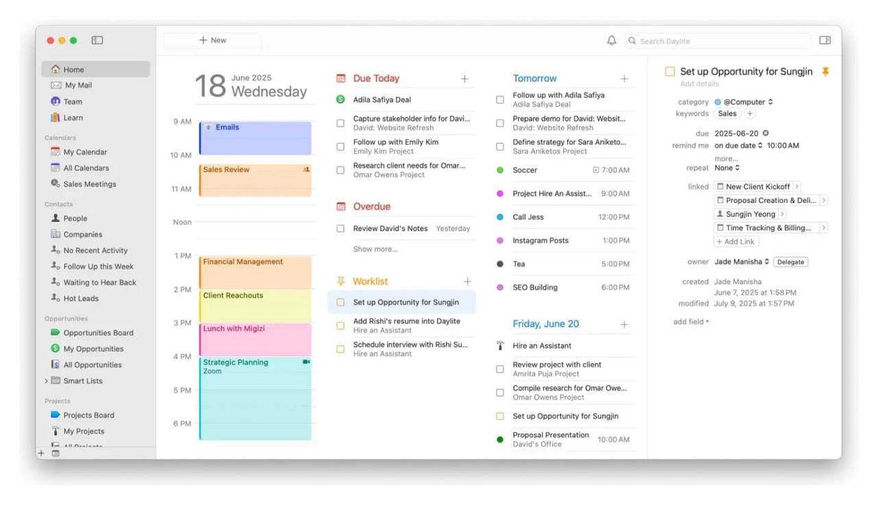 Daylite-Tagesansicht mit Kalender, heute fälligen Aufgaben und den Terminen von morgen, Beispieldaten