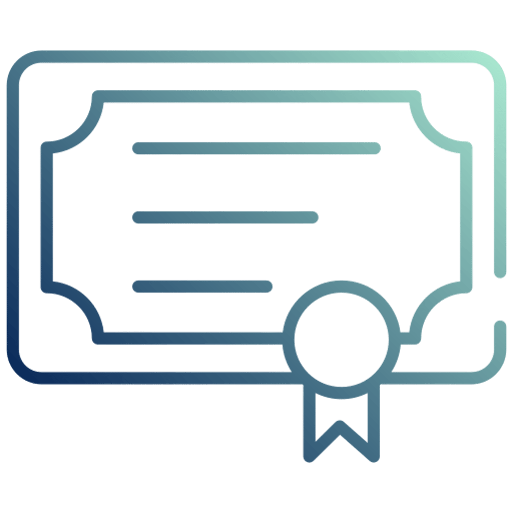 Blaues Umriss-Symbol einer Urkunde mit drei Linien und einem Siegel mit Band.