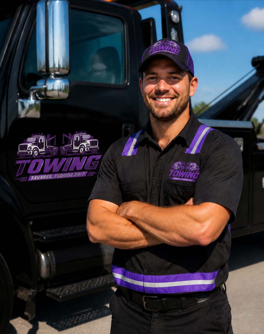 A smiling tow truck operator standing with arms crossed in front of his service truck in Tavares, FL.