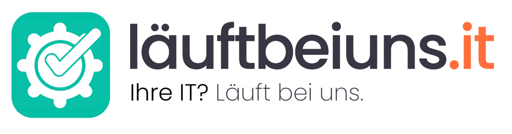 Logo: Zahnrad mit Häkchen, Text "läuftbeuuns.it", Slogan "Ihre IT? Läuft bei uns."