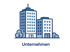Zwei blaue Unternehmensgebäude unterschiedlicher Höhe mit Bäumen und dem Text "Unternehmen" darunter - Krisenstab-Software Notfall- und Krisenmanager (NKM®).