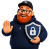 Ein rothaariger Mann mit Bart, Mütze und Brille hält einen blauen Schild mit einem weißen Vorhängeschloss.