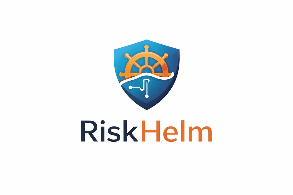 RiskHelm logo featuring a blue shield with an orange ship's wheel and circuit board patterns.