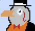 Pixel art penguin wearing a top hat, monocle, and a red bow tie on an orange shirt.