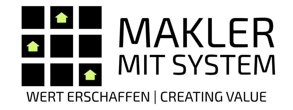 Drei schwarze Häuser auf hellgrünen Quadraten und der Text "MAKLER MIT SYSTEM".
