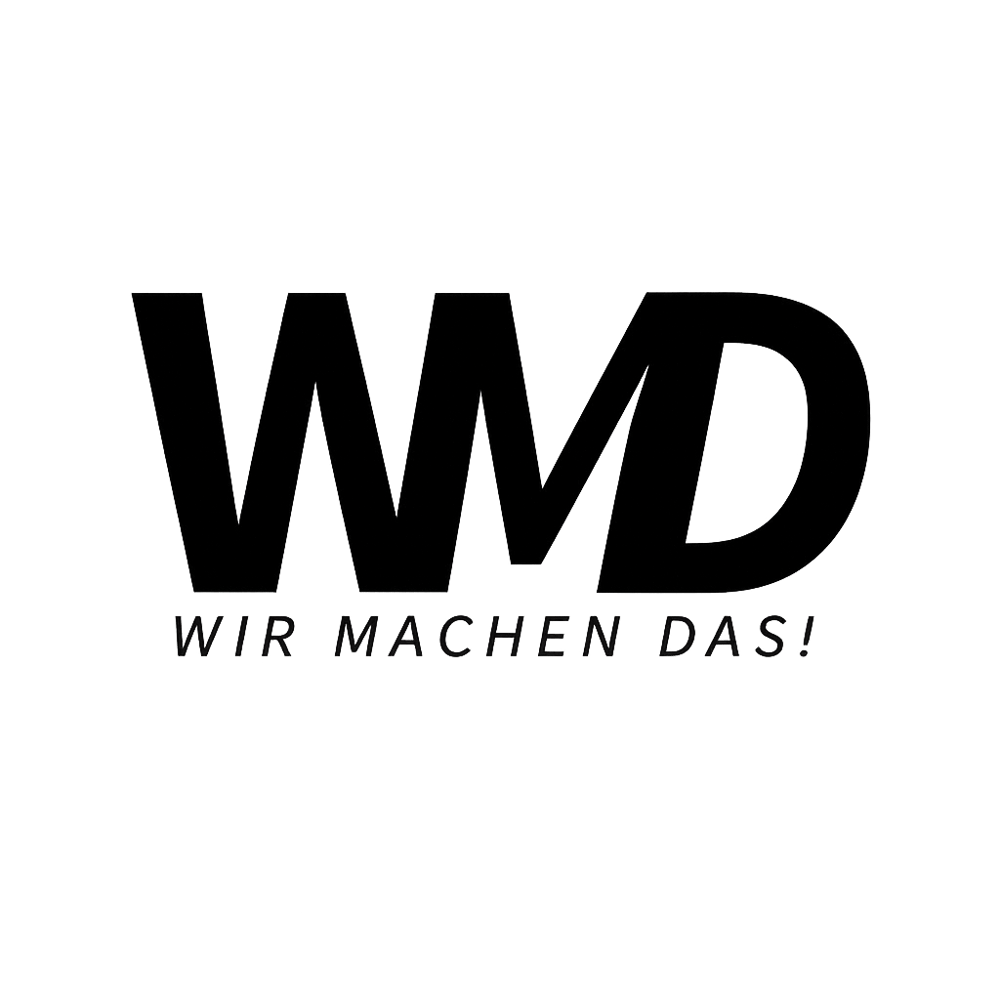 Schwarzes WMD-Logo mit dem Text "WIR MACHEN DAS!" auf dunkelgrünem Hintergrund.
